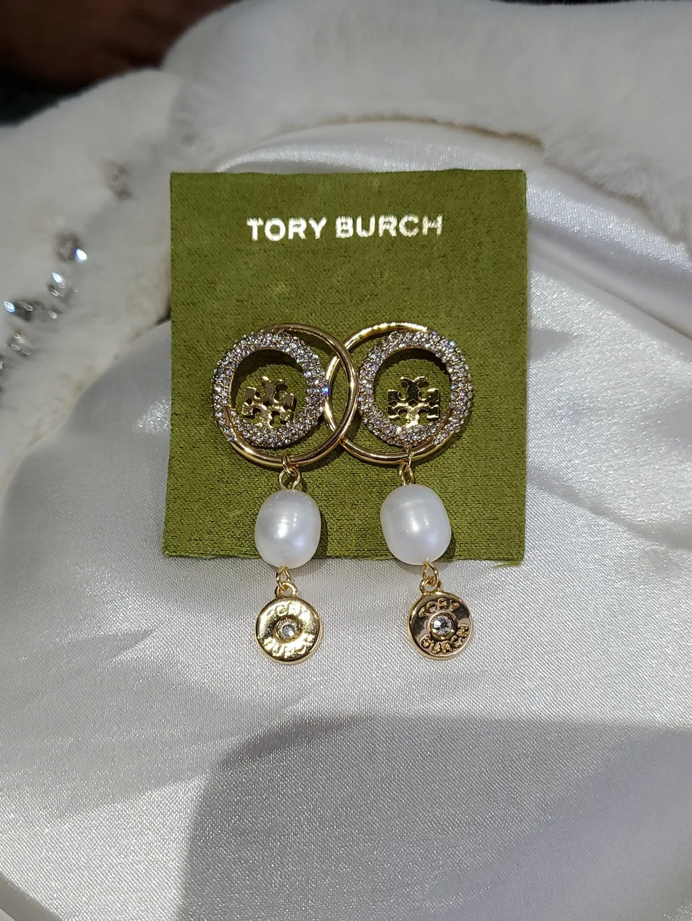 Tory Burch Gold-tone Crystal & Pearl Drop Earrings Dressy Fancy Classy Girlie